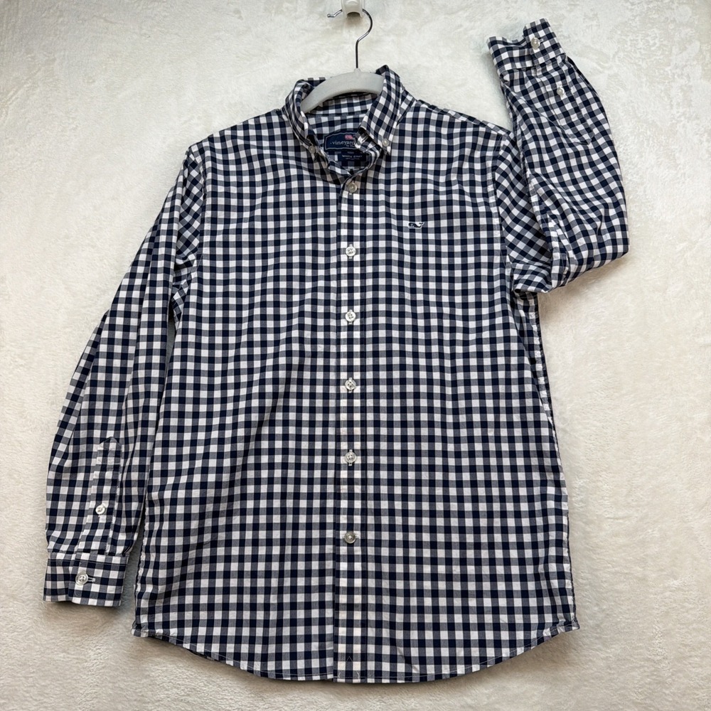 Vineyard Vines Boys Whale Shirt Blue Gingham Button Down Long Sleeve M 12-14